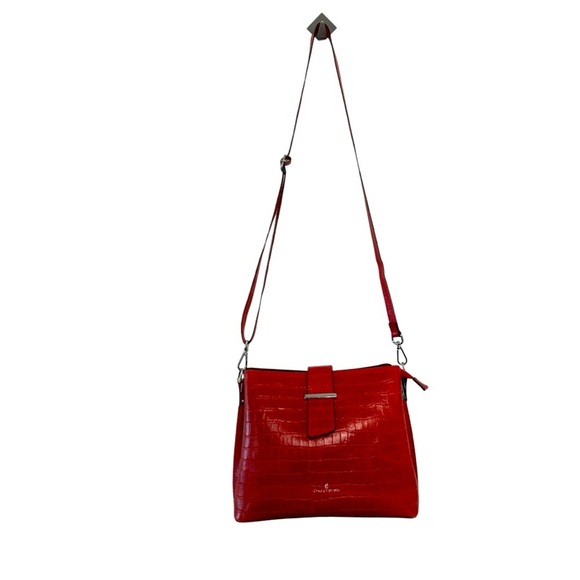 Chiara Ferretti red leather croc embossed box purse with two removable straps - Picture 4 of 13